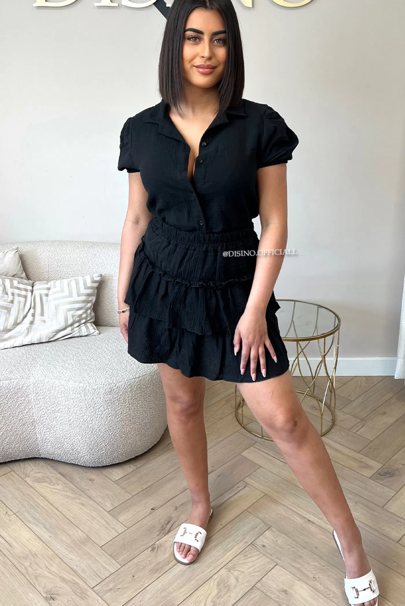 DISINO Black - 'Denise Set' - Moesseline Cotton Short Sleeve Blouse + Skirt Set | Vrouw Two Piece Set & Loungewear