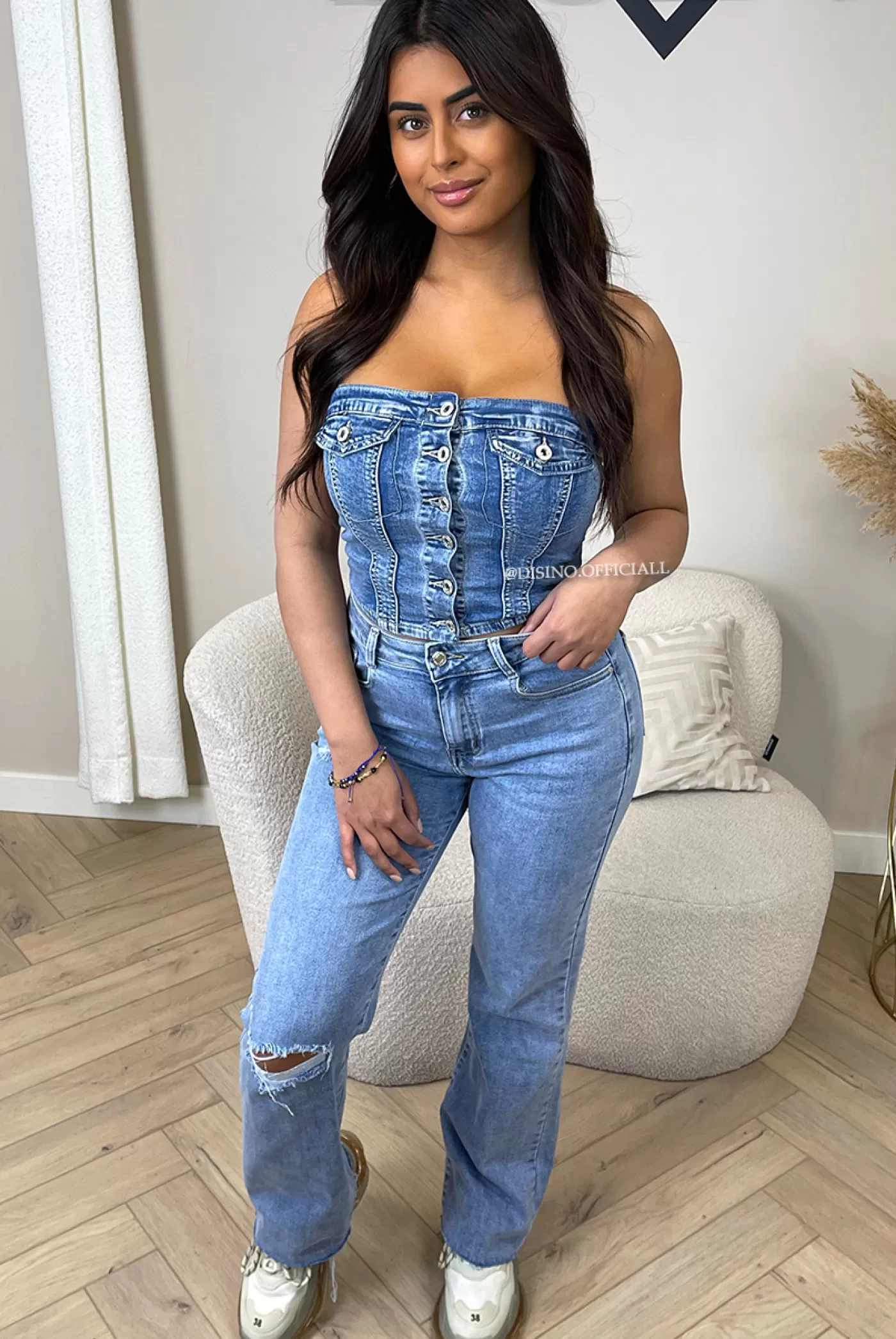 DISINO Blue - 'Katy' - Stretch Button Up Denim Corset Top | Vrouw Tops