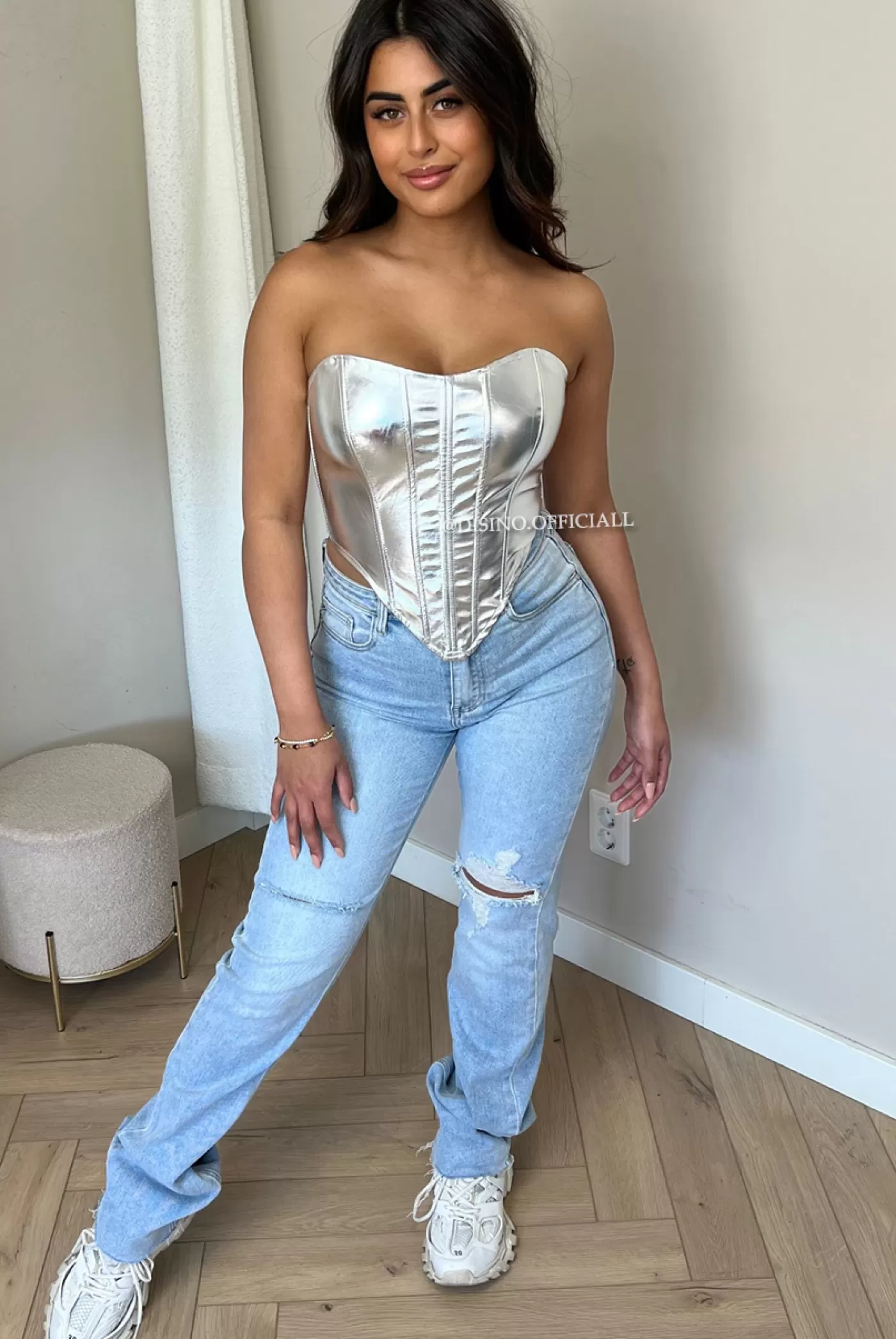 DISINO Silver - 'Monroe' - Exclusive Metallic Leather Corset Top | Vrouw Tops